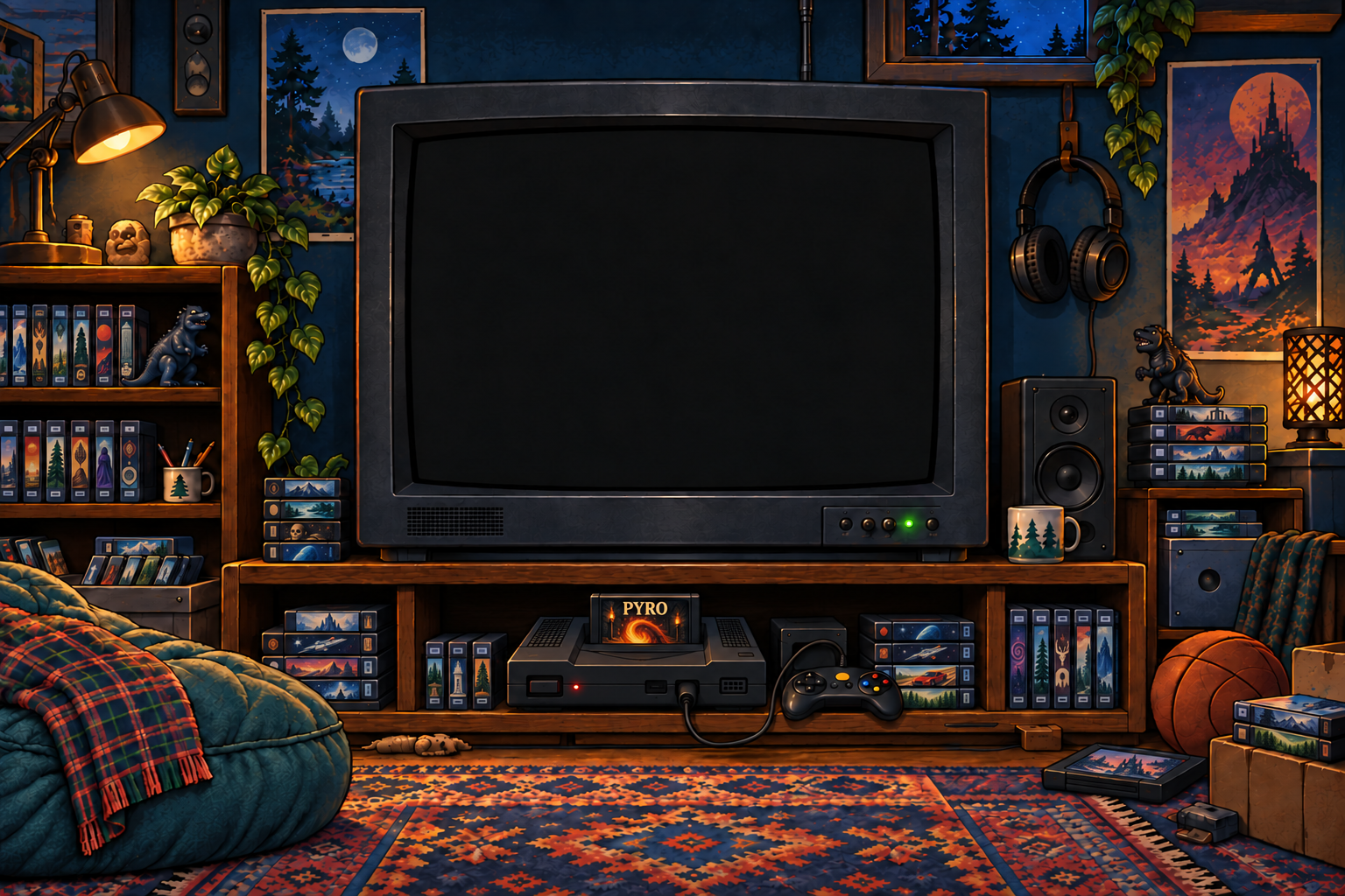 An amber lamp lights a richly painted midnight gaming nook, with a CRT, leafy plants, shelves of illustrated game cases, a rugged black console holding a Pyro fireball-art cartridge, and a worn armchair.